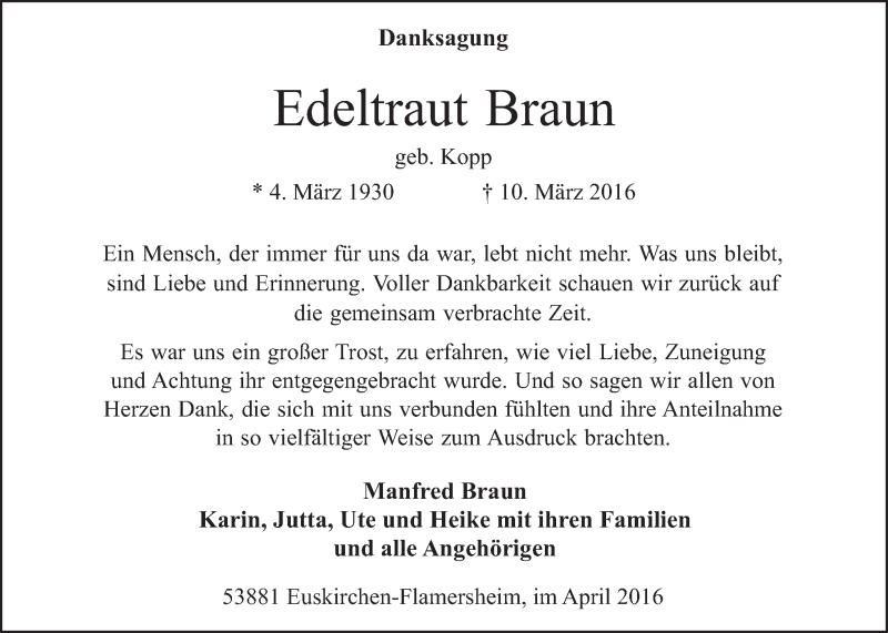  Traueranzeige für Edeltraut Braun vom 30.04.2016 aus  Blickpunkt Euskirchen 