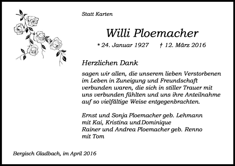  Traueranzeige für Willi Ploemacher vom 16.04.2016 aus Kölner Stadt-Anzeiger / Kölnische Rundschau / Express