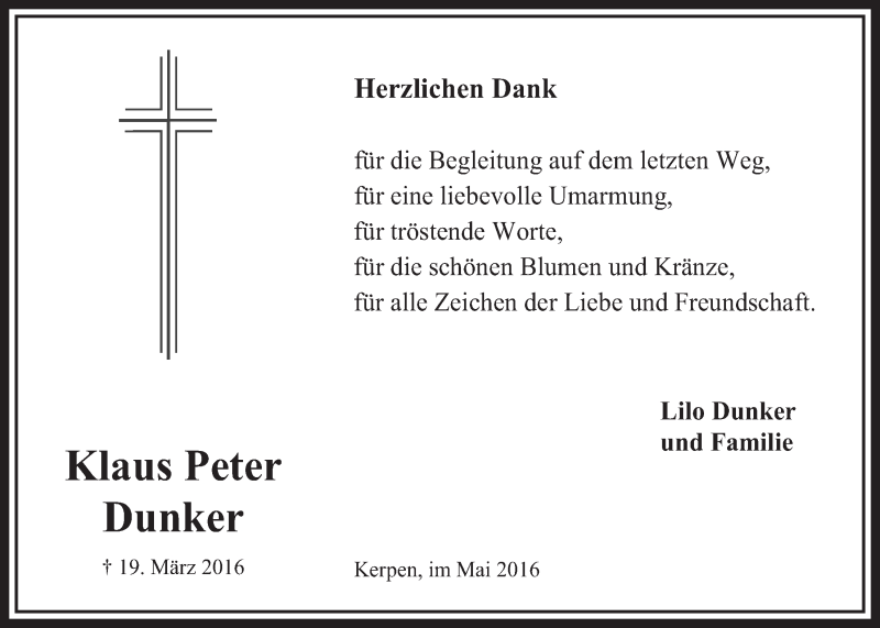  Traueranzeige für Klaus Peter Dunker vom 30.04.2016 aus  Sonntags-Post 