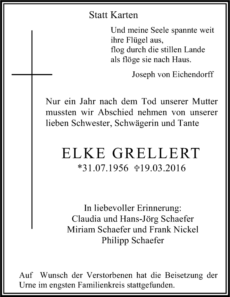  Traueranzeige für Elke Grellert vom 09.04.2016 aus Kölner Stadt-Anzeiger / Kölnische Rundschau / Express