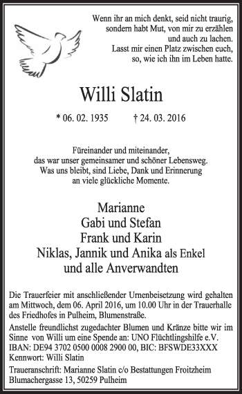 Anzeige von Willi Slatin von  Sonntags-Post 