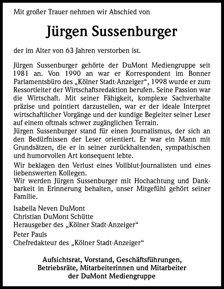  Traueranzeige für Jürgen Sussenburger vom 09.04.2016 aus Kölner Stadt-Anzeiger / Kölnische Rundschau / Express