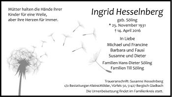 Anzeige von Ingrid Hesselnberg von Kölner Stadt-Anzeiger / Kölnische Rundschau / Express