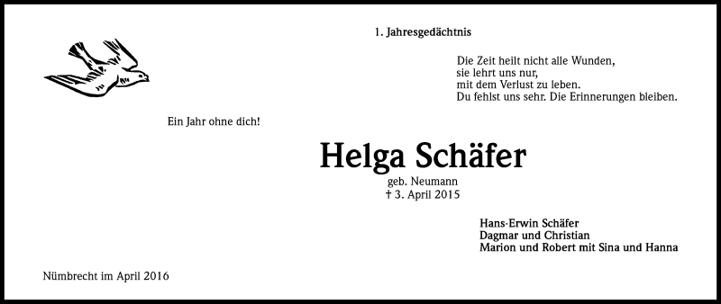  Traueranzeige für Helga Schäfer vom 09.04.2016 aus Kölner Stadt-Anzeiger / Kölnische Rundschau / Express