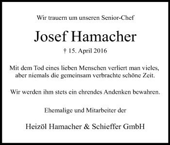 Anzeige von Josef Hamacher von Kölner Stadt-Anzeiger / Kölnische Rundschau / Express