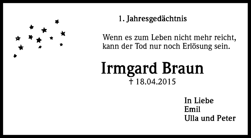  Traueranzeige für Irmgard Braun vom 18.04.2016 aus Kölner Stadt-Anzeiger / Kölnische Rundschau / Express