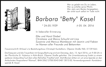 Anzeige von Barbara  Kasel von Kölner Stadt-Anzeiger / Kölnische Rundschau / Express