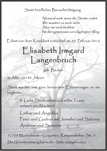 Anzeige von Elisabeth Irmgard Langenbruch von  Anzeigen Echo 