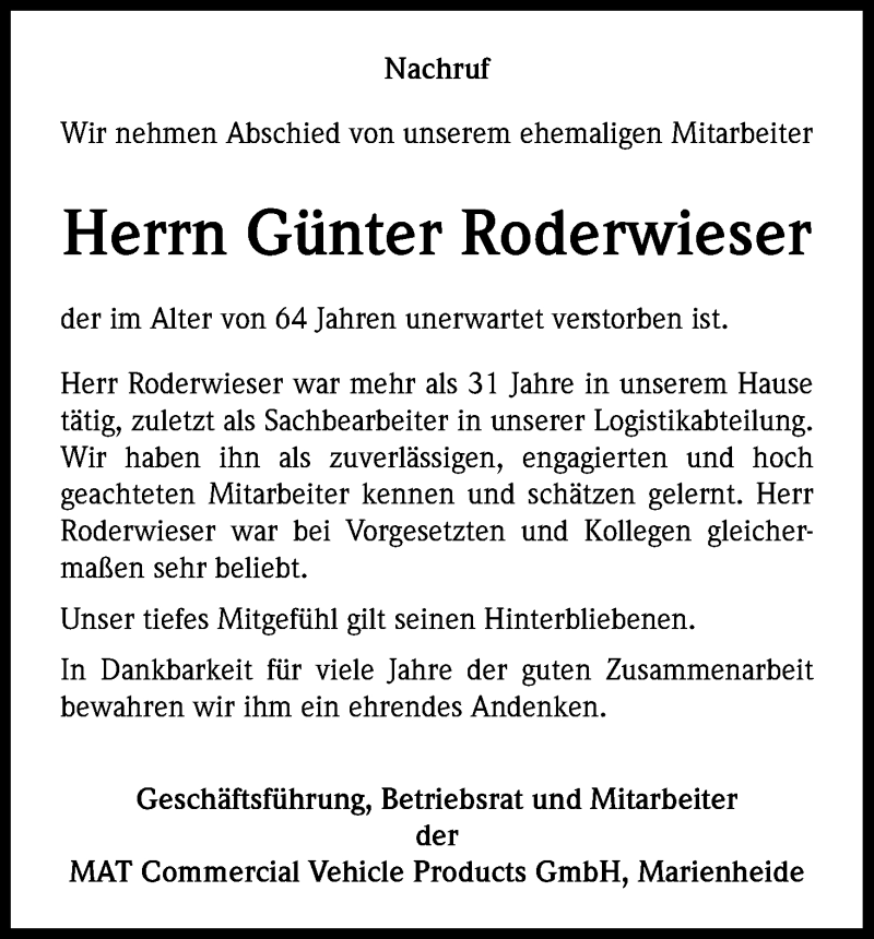  Traueranzeige für Günter Roderwieser vom 23.04.2016 aus Kölner Stadt-Anzeiger / Kölnische Rundschau / Express