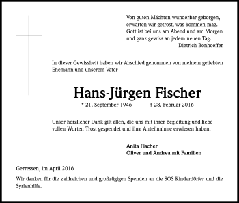Anzeige von Hans-Jürgen Fischer von Kölner Stadt-Anzeiger / Kölnische Rundschau / Express