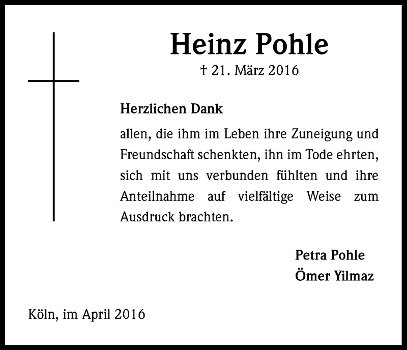 Traueranzeige für Heinz Pohle vom 27.04.2016 aus Kölner Stadt-Anzeiger / Kölnische Rundschau / Express