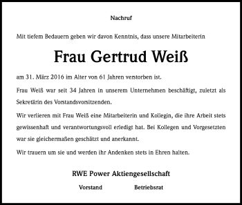 Anzeige von Gertrud Weiß von Kölner Stadt-Anzeiger / Kölnische Rundschau / Express