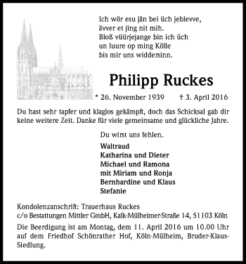 Anzeige von Philipp Ruckes von Kölner Stadt-Anzeiger / Kölnische Rundschau / Express