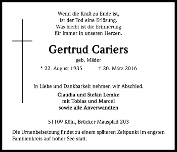 Anzeige von Gertrud Cariers von Kölner Stadt-Anzeiger / Kölnische Rundschau / Express
