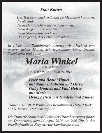 Anzeige von Maria Winkel von  Werbepost 
