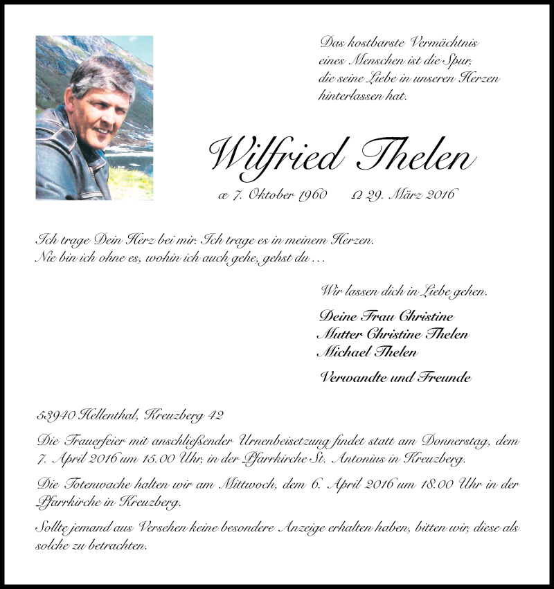  Traueranzeige für Wilfried Thelen vom 04.04.2016 aus Kölner Stadt-Anzeiger / Kölnische Rundschau / Express