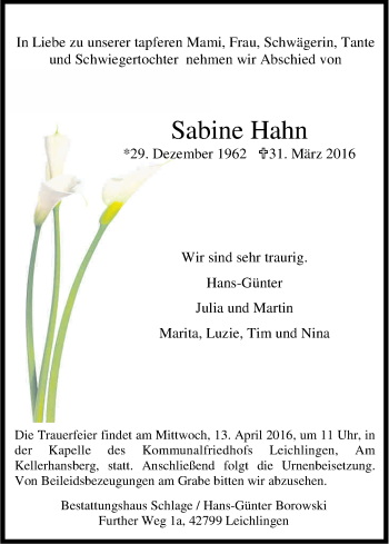 Anzeige von Sabine Hahn von Kölner Stadt-Anzeiger / Kölnische Rundschau / Express