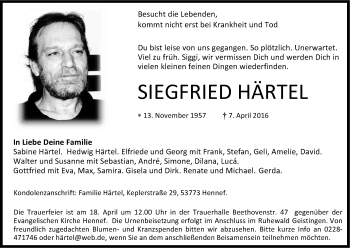 Anzeige von Siegfried Härtel von Kölner Stadt-Anzeiger / Kölnische Rundschau / Express