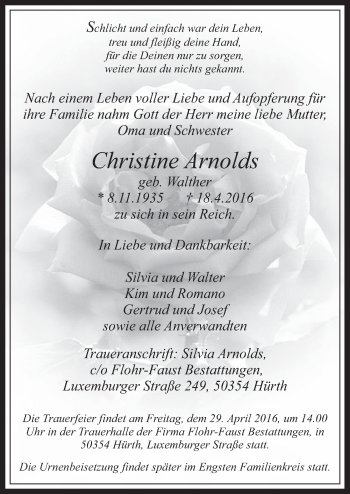 Anzeige von Christine Arnolds von  Wochenende 