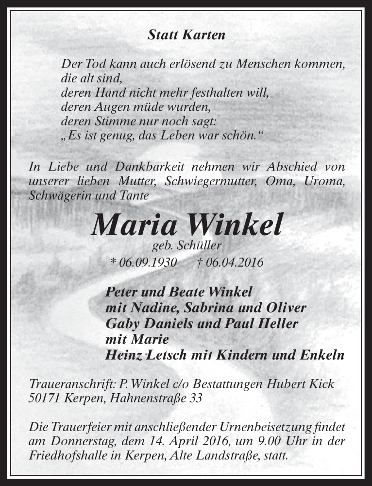  Traueranzeige für Maria Winkel vom 13.04.2016 aus  Werbepost 