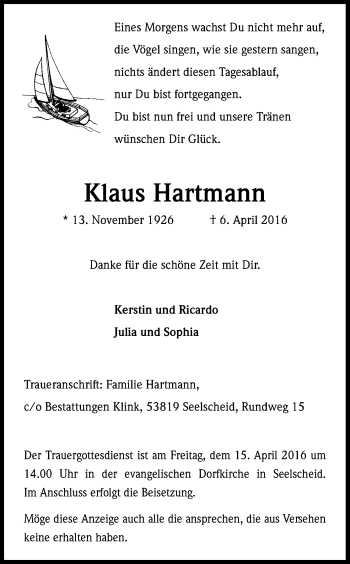 Anzeige von Klaus Hartmann von Kölner Stadt-Anzeiger / Kölnische Rundschau / Express