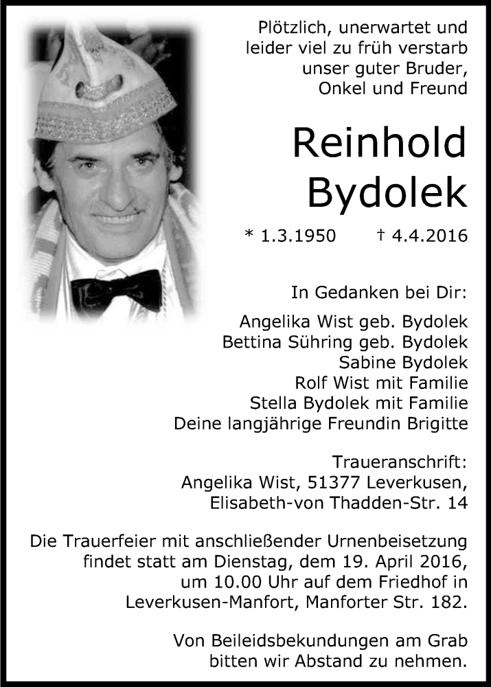  Traueranzeige für Reinhold Bydolek vom 13.04.2016 aus Kölner Stadt-Anzeiger / Kölnische Rundschau / Express