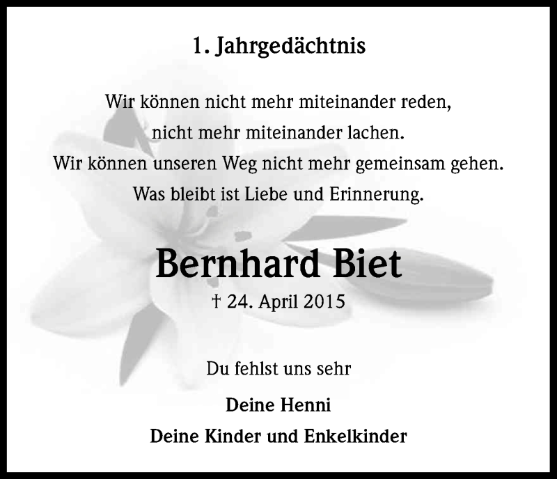  Traueranzeige für Bernhard Biet vom 23.04.2016 aus Kölner Stadt-Anzeiger / Kölnische Rundschau / Express