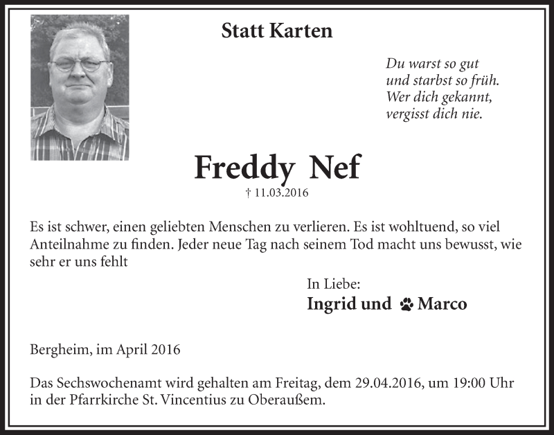  Traueranzeige für Freddy Nef vom 20.04.2016 aus  Werbepost 