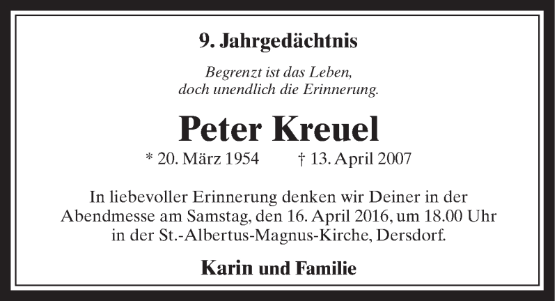  Traueranzeige für Peter Kreuel vom 13.04.2016 aus  Schaufenster/Blickpunkt 