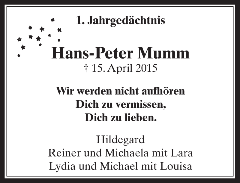  Traueranzeige für Hans-Peter Mumm vom 16.04.2016 aus  Sonntags-Post 