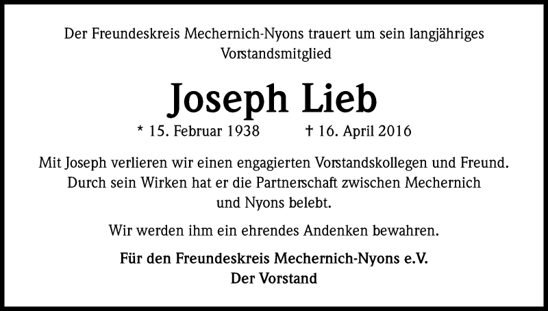  Traueranzeige für Joseph Lieb vom 21.04.2016 aus Kölner Stadt-Anzeiger / Kölnische Rundschau / Express