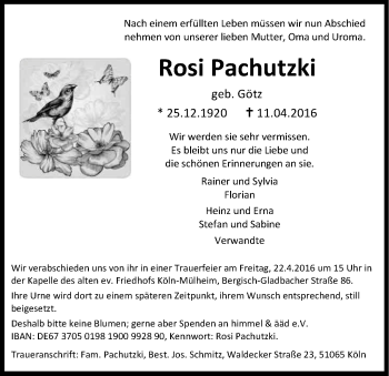 Anzeige von Rosi Pachutzki von Kölner Stadt-Anzeiger / Kölnische Rundschau / Express
