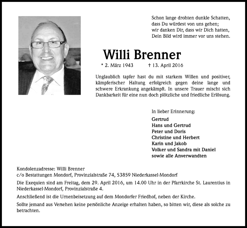  Traueranzeige für Willi Brenner vom 23.04.2016 aus Kölner Stadt-Anzeiger / Kölnische Rundschau / Express