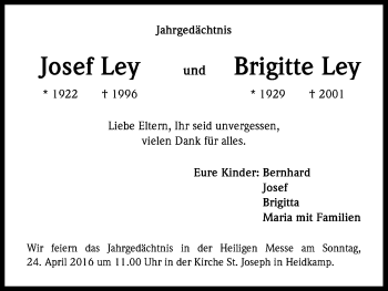 Anzeige von Brigitte Ley von Kölner Stadt-Anzeiger / Kölnische Rundschau / Express