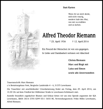 Anzeige von Alfred Theodor Riemann von Kölner Stadt-Anzeiger / Kölnische Rundschau / Express