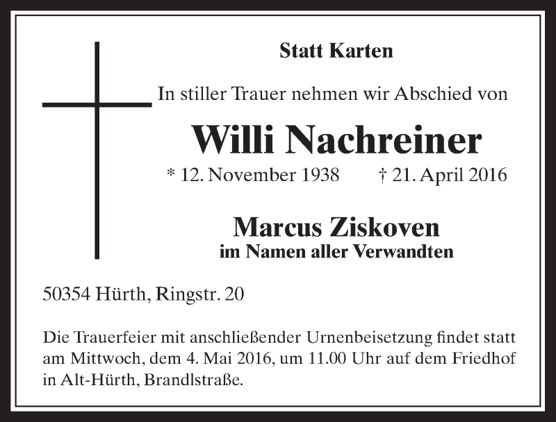  Traueranzeige für Willi Nachreiner vom 27.04.2016 aus  Wochenende 