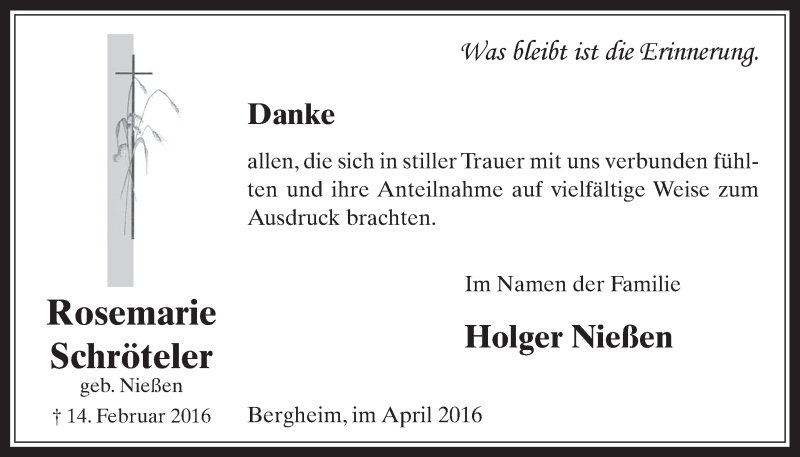  Traueranzeige für Rosemarie Schröteler vom 06.04.2016 aus  Werbepost 
