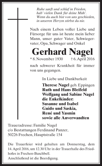 Anzeige von Gerhard Nagel von  Wochenende 
