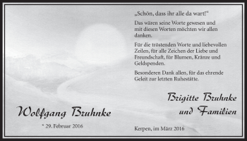 Anzeige von Wolfgang Bruhnke von  Sonntags-Post 
