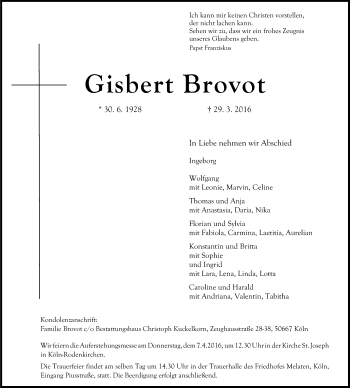 Anzeige von Gisbert Brovot von Kölner Stadt-Anzeiger / Kölnische Rundschau / Express