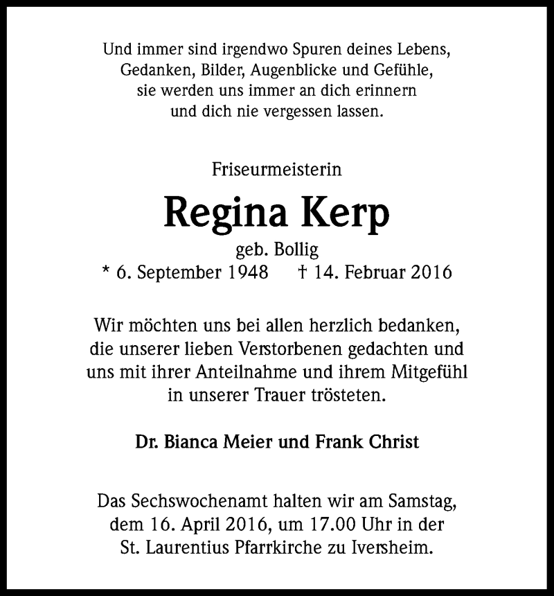  Traueranzeige für Regina Kerp vom 09.04.2016 aus Kölner Stadt-Anzeiger / Kölnische Rundschau / Express