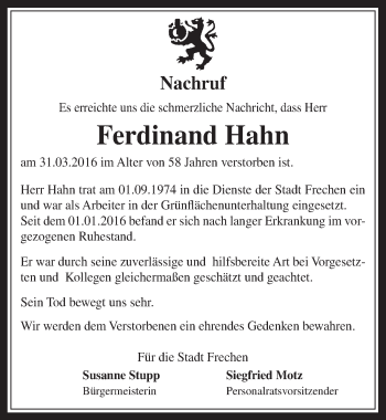 Anzeige von Ferdinand Hahn von  Wochenende 