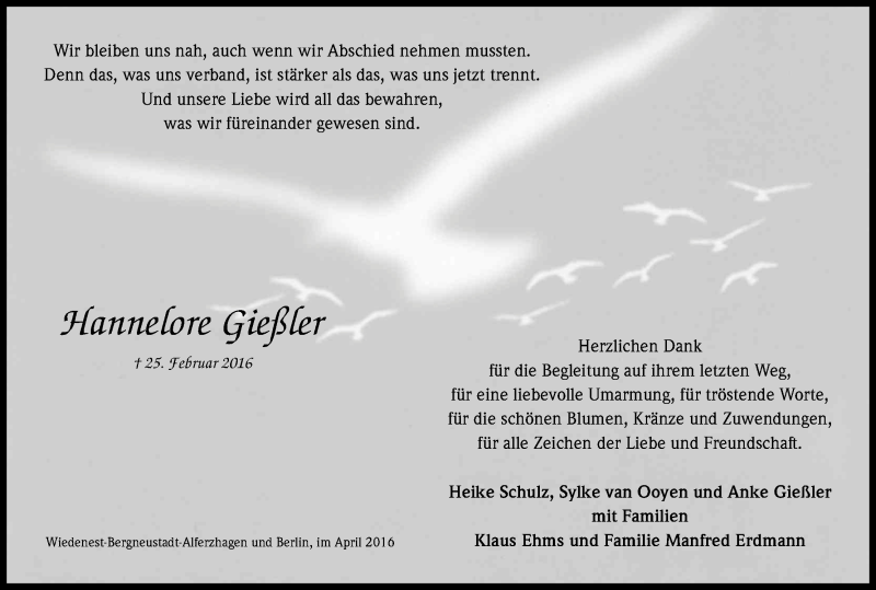  Traueranzeige für Hannelore Gießler vom 16.04.2016 aus Kölner Stadt-Anzeiger / Kölnische Rundschau / Express
