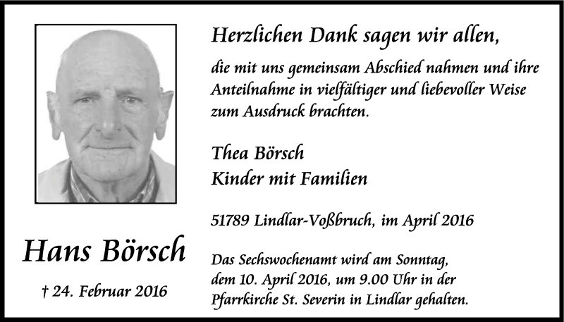  Traueranzeige für Hans Börsch vom 02.04.2016 aus Kölner Stadt-Anzeiger / Kölnische Rundschau / Express