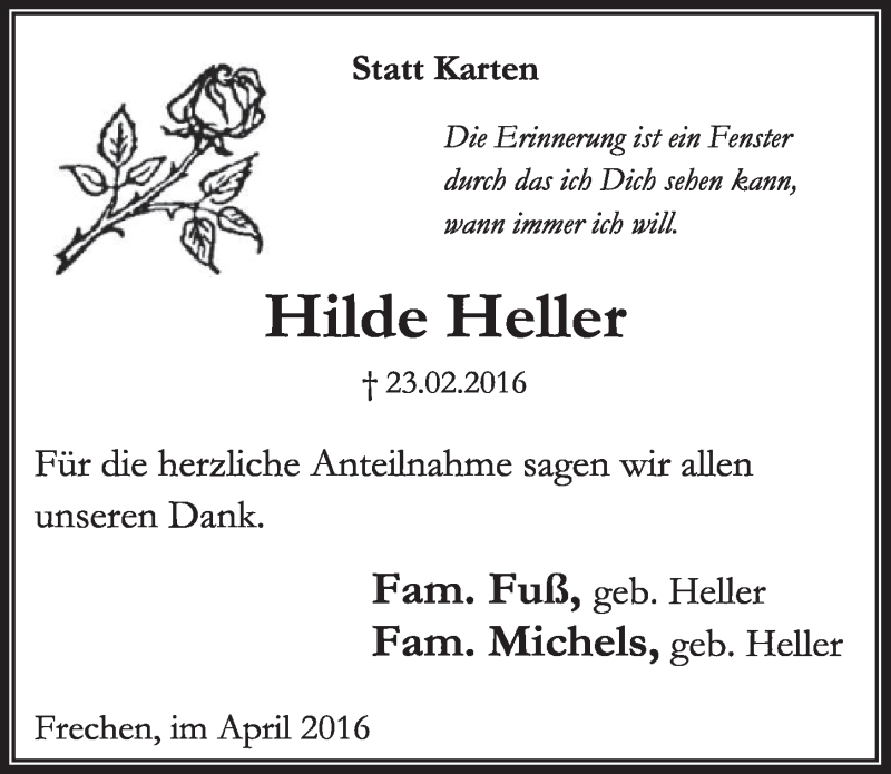  Traueranzeige für Hilde Heller vom 09.04.2016 aus  Sonntags-Post 