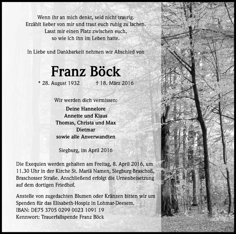  Traueranzeige für Franz Böck vom 06.04.2016 aus Kölner Stadt-Anzeiger / Kölnische Rundschau / Express