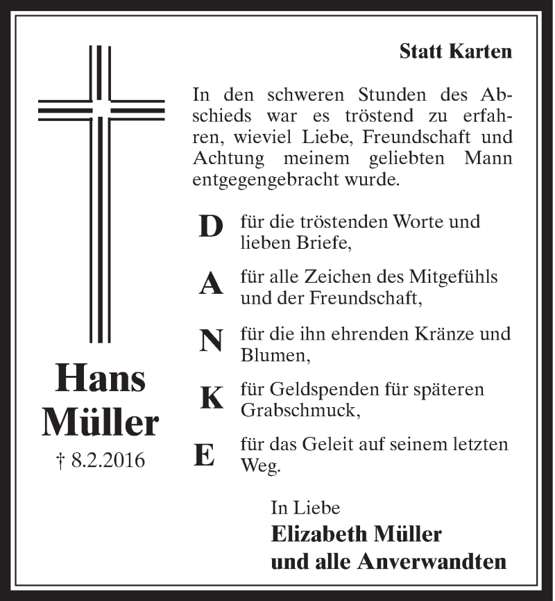  Traueranzeige für Hans Müller vom 13.04.2016 aus  Schaufenster/Blickpunkt 