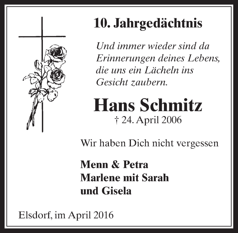  Traueranzeige für Hans Schmitz vom 20.04.2016 aus  Werbepost 