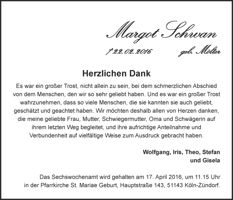  Traueranzeige für Margot Schwan vom 06.04.2016 aus  Kölner Wochenspiegel 