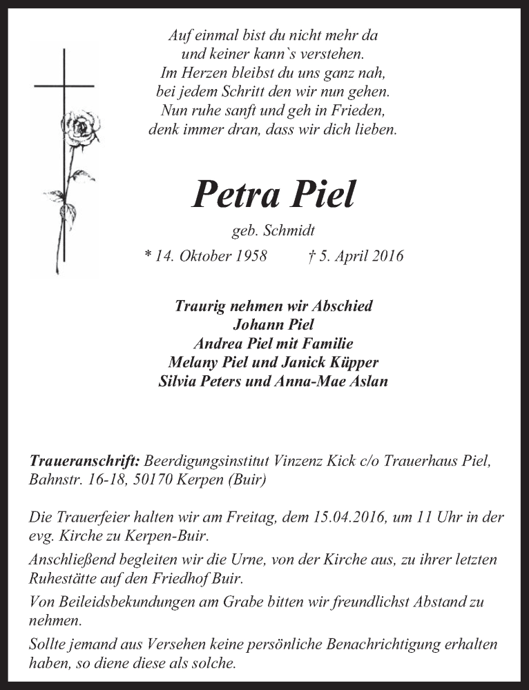  Traueranzeige für Petra Piel vom 13.04.2016 aus  Werbepost 